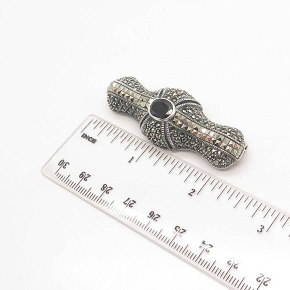 925 Sterling Silver Vintage Judith Jack Black Spinel & Marcasite Gem Pin Brooch - Picture 3 of 8
